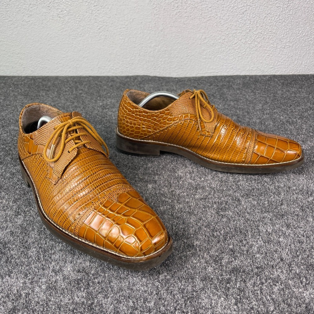Stacy Adams Mens Shoes 11 Brown Crocodile Embossed Square Toe Lace Up Dress - Picture 2 of 9